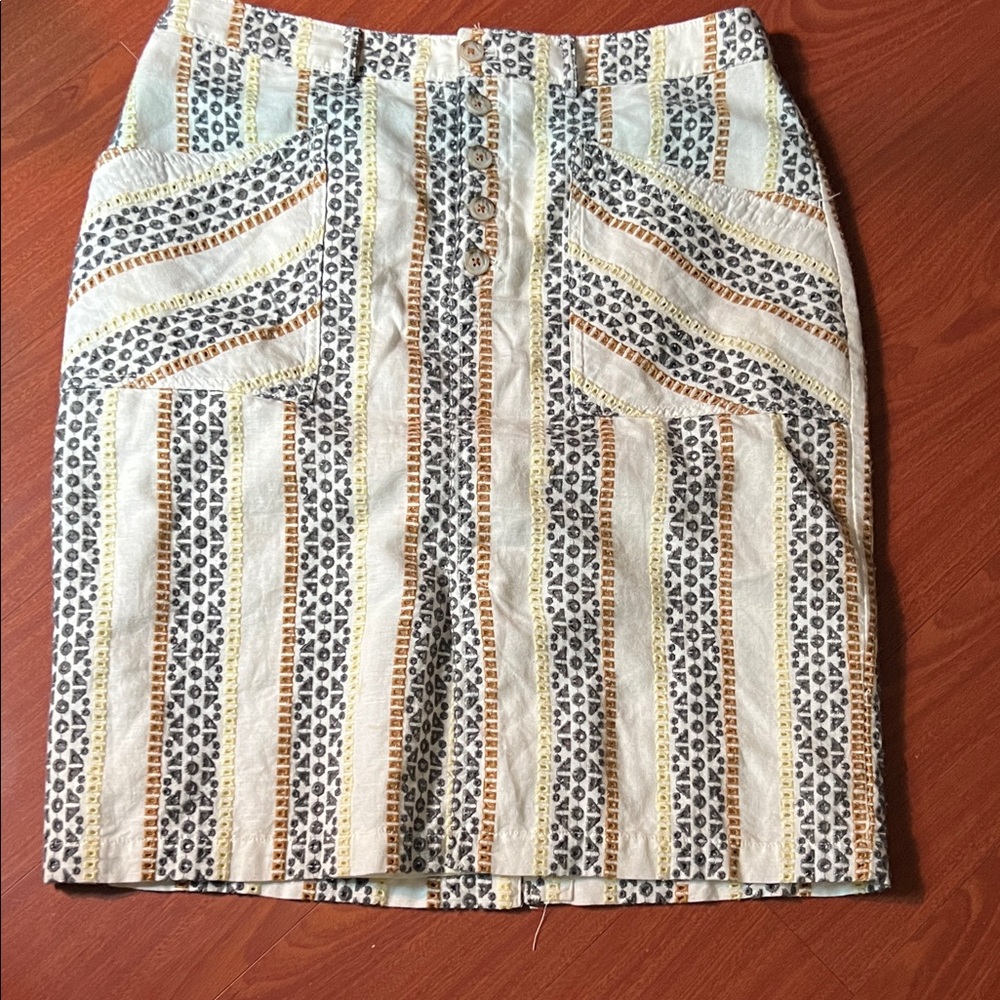 Anthropologie Yellow and gray eyelet lace Patterned Pencil Skirt with pockets 14